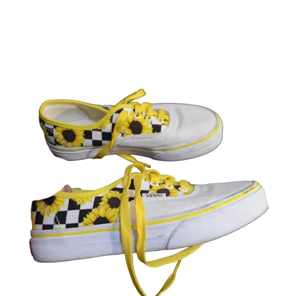 VANS (R) VANS OFF the WALL Customs White-Yellow Sunflower Chess Keds US Youth 3